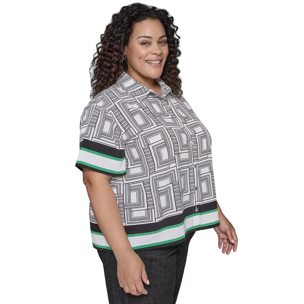 KARL LAGERFELD PARIS Women's Plus Size Printed Camp Shirt Black White Green 2X